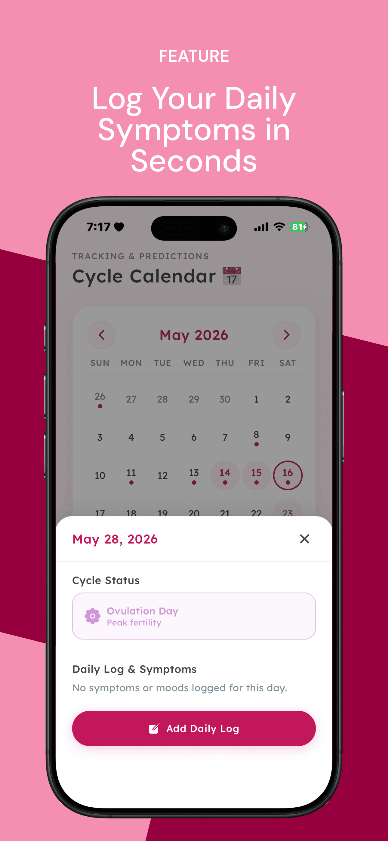 CyclePrivate App interface showing period tracking calendar